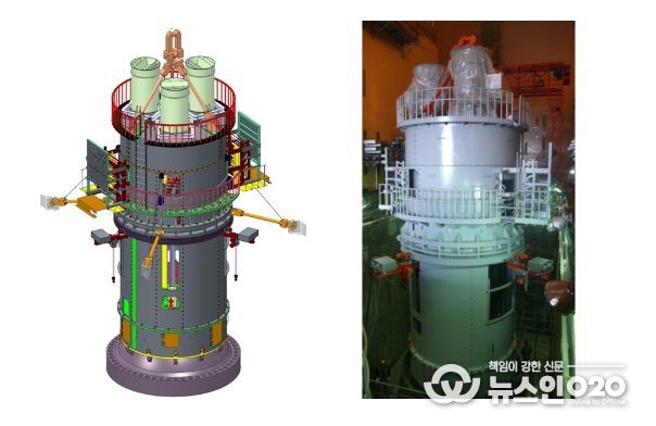 2023년 8월 대한민국 엔지니어상 수상자 연구성과 (강태교)-일체형원자로상부구조물 3차원 형상도(좌),APR1400 원전에 설치된 일체형원자로상부구조물 (우)