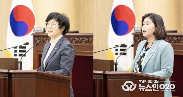 안산시의회가 20일 제289회 임시회 제2차 본회의를 열어 시정질문 및 5분 자유발언을 실시했다. 사진 왼쪽이 시정질문에 임하고 있는 박은경 의원의 모습이고 오른쪽은 5분 자유발언을 하고 있는 박은정 의원의 모습.