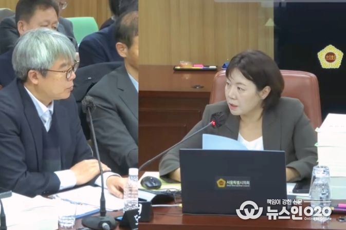 박성연 의원(국민의힘, 광진2, 오른쪽)이 제333회 정례회 도시안전건설위원회 행정사무감사에서 도시기반시설본부장에게 질의하고 있다.