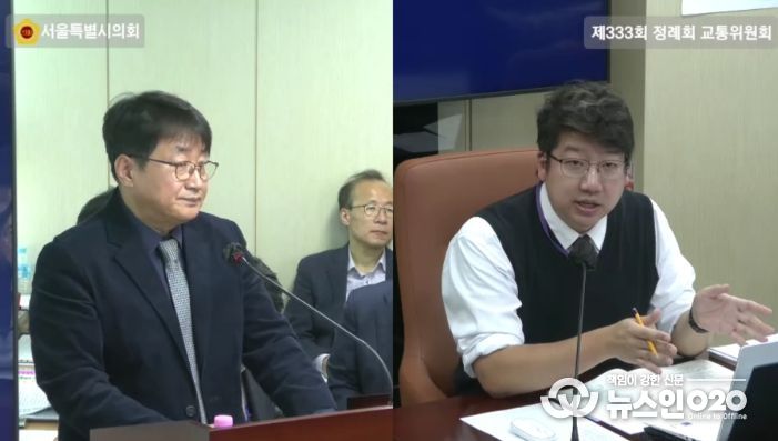 제333회 서울시의회 정례회 제4차 교통위원회 서울교통공사 행정사무감사 당시 증인으로 출석한 (주)다원시스 이동원 부사장(좌)와 질의 중인 문성호 의원(우)