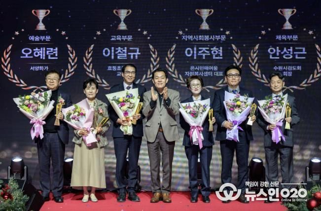 이재준 수원시장(가운데)과 수원시 문화상 수상자들이 함께하고 있다. 이주현 온시민 매여울자원봉사센터 대표(오른쪽부터) 안성근 수원시 검도회 회장, 최윤정 중부일보 대표이사, 이재준 시장, 이철규 효동초등학교 교장, 오혜련 서양화가, 김경환 성균관대학교 글로벌창업대학원 원장.