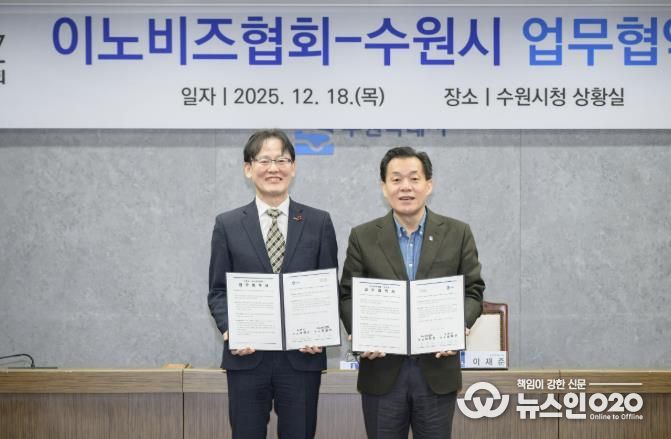 이재준 수원시장(오른쪽)과 이노비즈협회 정광천 회장이 협약 후 기념촬영을 하고 있다.