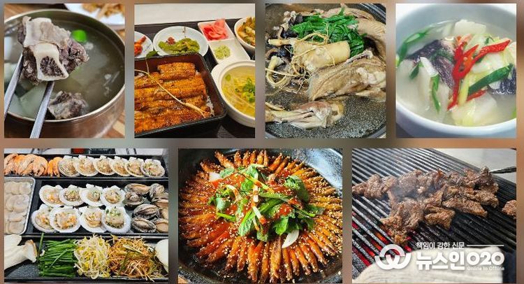 시계방향으로 홍성 갈비탕, 부여 장어덮밥, 금산 삼계탕, 서산·태안 우럭젓국, 예산 한우구이, 금산 도리뱅뱅이, 보령 키조개삼합